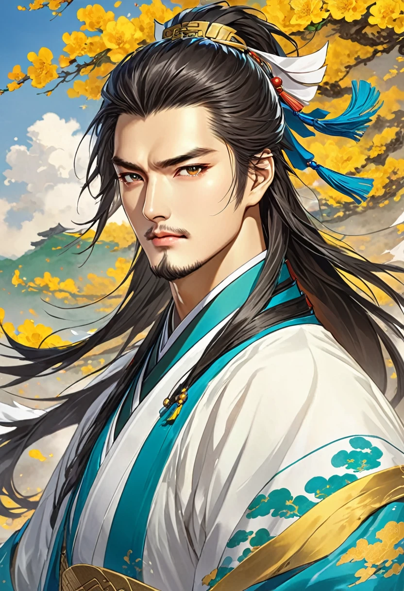 Three Kingdoms Zhuge Liang, young, wind, very smart, no beard, 면으로 된 옷