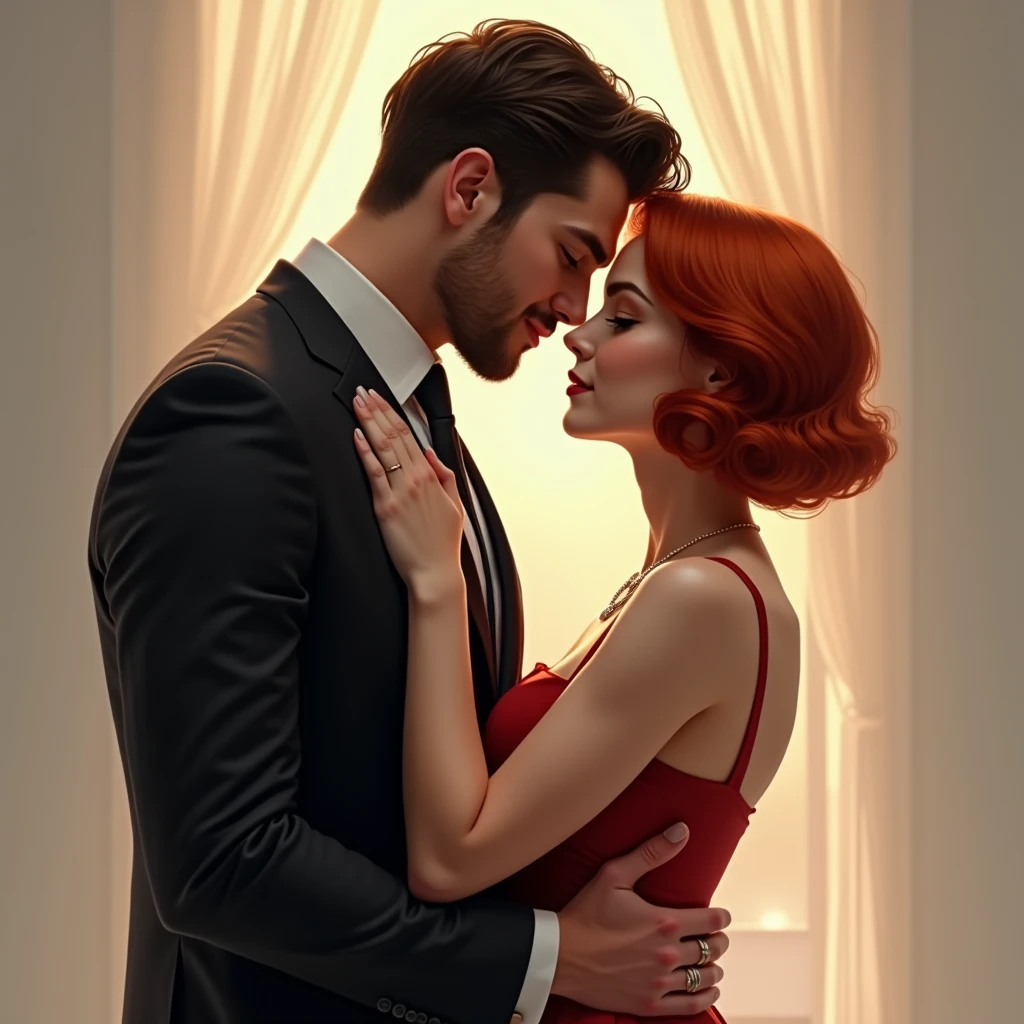 Two lovers, a couple, a man in a black suit, a woman with short red hair, realistic, precise, masterpiece