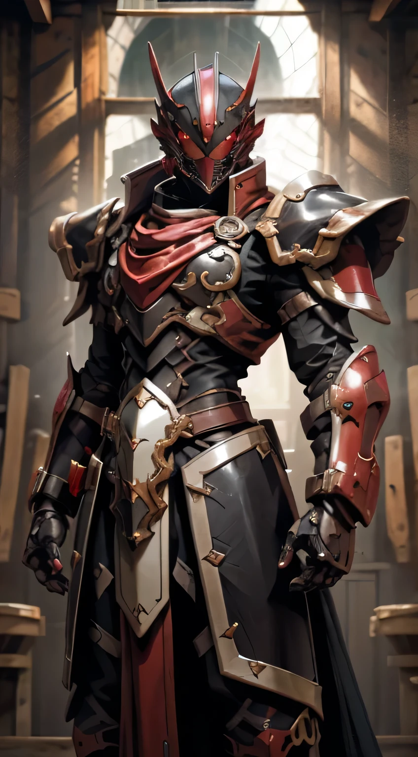 A man wearing a full-face helmet that covers most of his face, adorned in a biomimetic fantasy-style armor, the predominant black color is accented with red textures in the design this character embodies a finely crafted fantasy-style armored warrior design in anime, ((character concept art)), high definition, best quality, ultra-detailed, extremely delicate, anatomically correct, symmetrical face, extremely detailed eyes and face, high quality eyes, creativity, RAW photo, UHD, 16k, (Natural light, cinematic lighting, masterpiece:1.5)