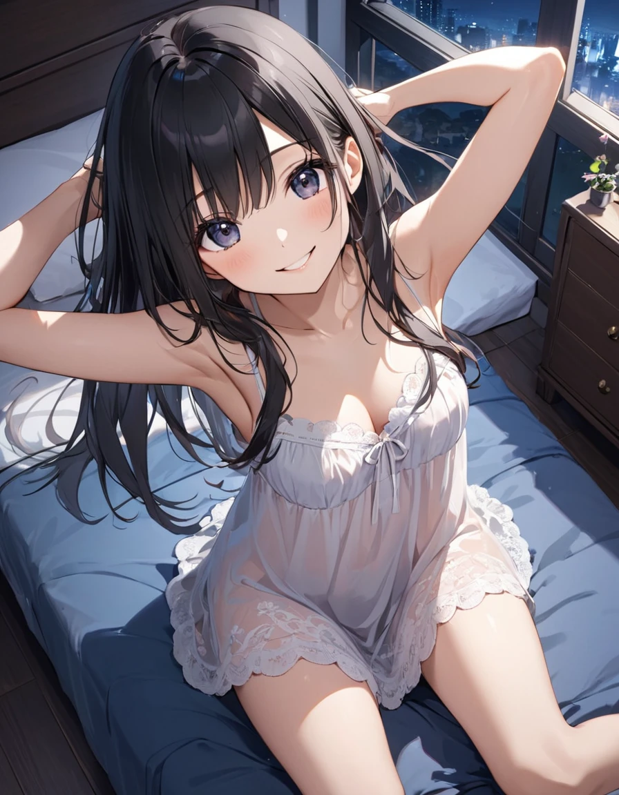 Girl,cute,cute,Chest to head,smile,Straight hair,Long Hair,Black Hair,Sitting,Bedroom,negligee,From above,Looking into the camera,Raise your arms,night