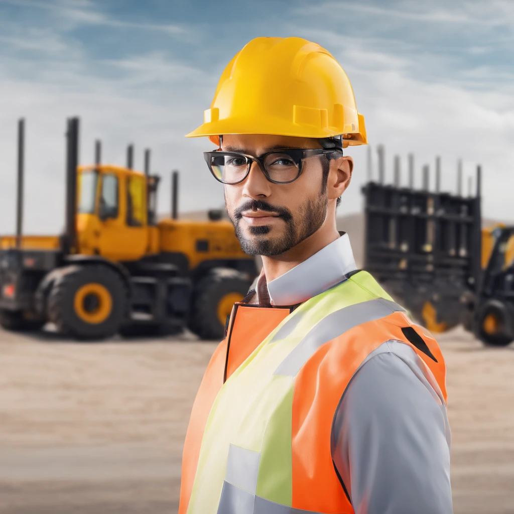 a handsome forklift driver wearing a safety helmet and glasses, two forklifts facing each other symmetrically, simple but impressive dynamic and exclusive logo design, plain luxurious banner at the bottom, elegant color palette, best quality,4k,8k,highres,masterpiece:1.2,ultra-detailed,realistic,photorealistic,photo-realistic:1.37,HDR,UHD,studio lighting,ultra-fine painting,sharp focus,physically-based rendering,extreme detail description,professional,vivid colors,bokeh