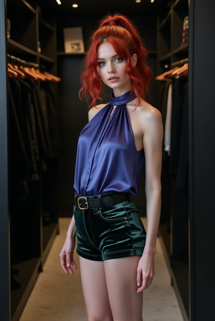 Full-length body shot of a short 24-year-old woman with blood-red side-parted, layered medium-length wavy hair put up in a high pony tail, very pale skin, and blue eyes. She is wearing a blue-purple silk short sleeve halter top that is full-length and untucked, with a thick black belt cinched around her waist over the shirt. She also wears black velvet shorts with a green sheen and red wedge sandals. She is standing in a chic, large black walk-in closet with cinematic lighting.