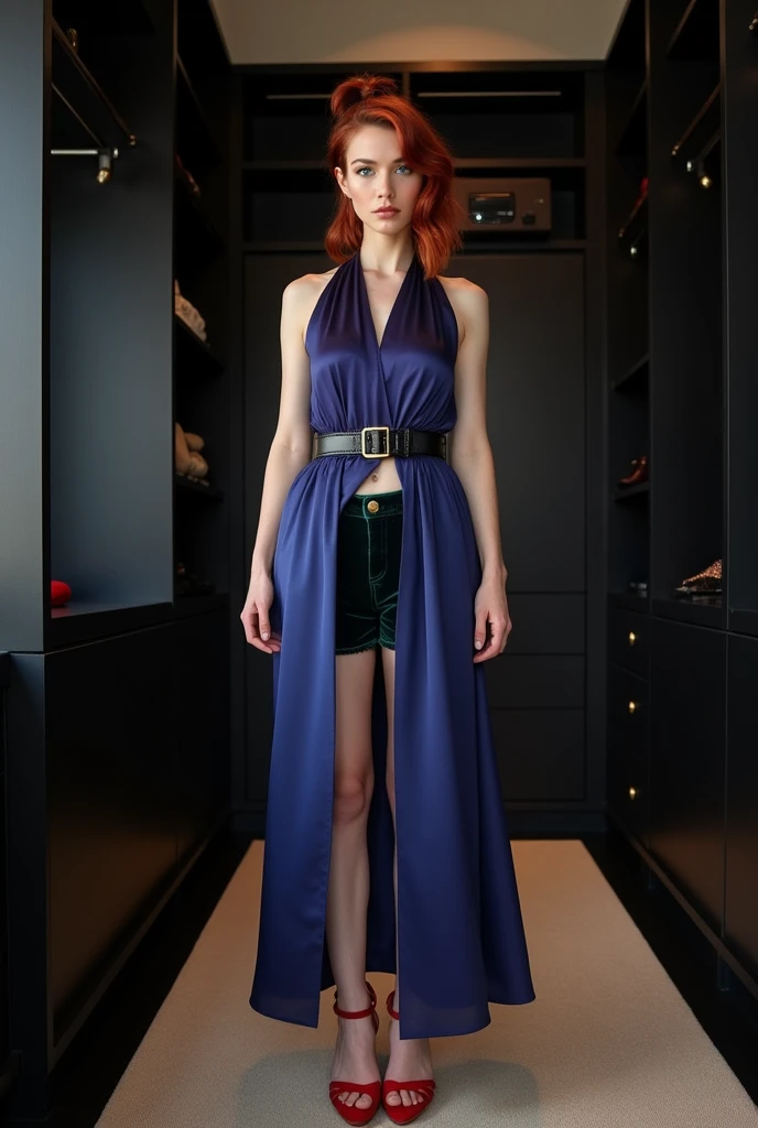 Full-length body shot of a short 24-year-old woman with blood-red side-parted, layered medium-length wavy hair put up in a high pony tail, very pale skin, and blue eyes. She is wearing a blue-purple silk short sleeve halter top that is full-length and untucked, with a thick black belt cinched around her waist over the shirt. She also wears black velvet shorts with a green sheen and red wedge sandals. She is standing in a chic, large black walk-in closet with cinematic lighting.