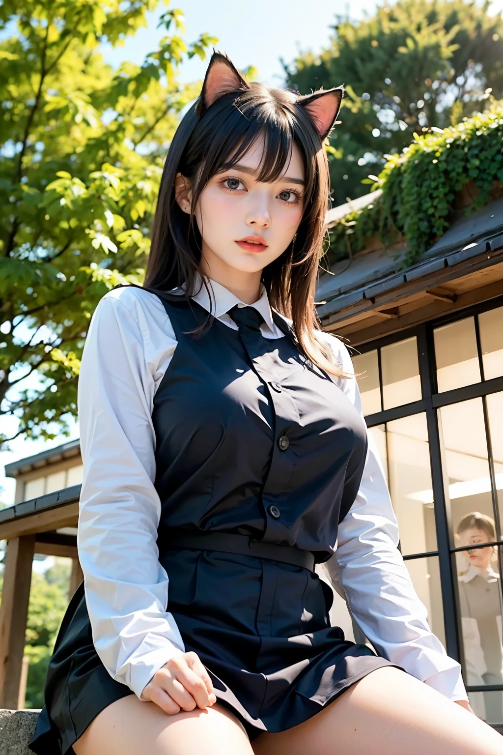 Masterpiece, bokeh, (Beautiful face), (Detailed face), (Japanese idle), (Runner uniform:1.3), (Blushed face:1.3), (Plump breast:1.2), (Sitting :1.5), (Cat ears:1.3), school
, (From below:1.5)reflected light, 