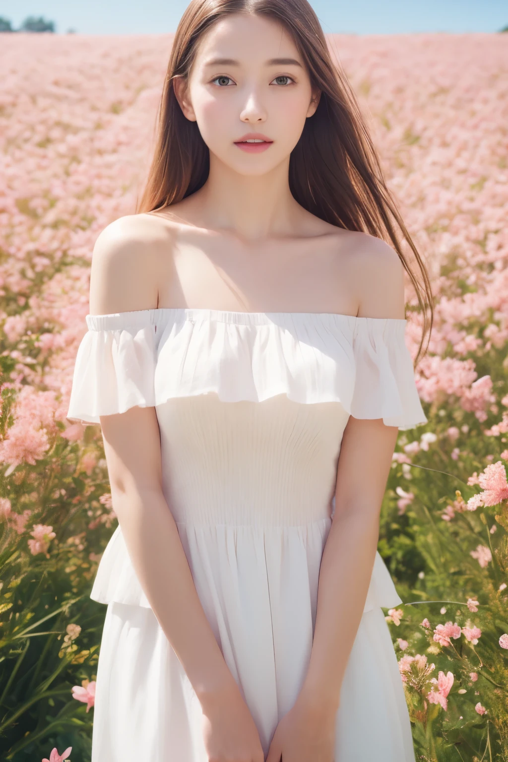 Best Quality, masutepiece, 超A high resolution, (Photorealistic:1.4), Raw photo, 1girl in, White Dress, off shoulders, field of pink flowers, Glowing skin,
