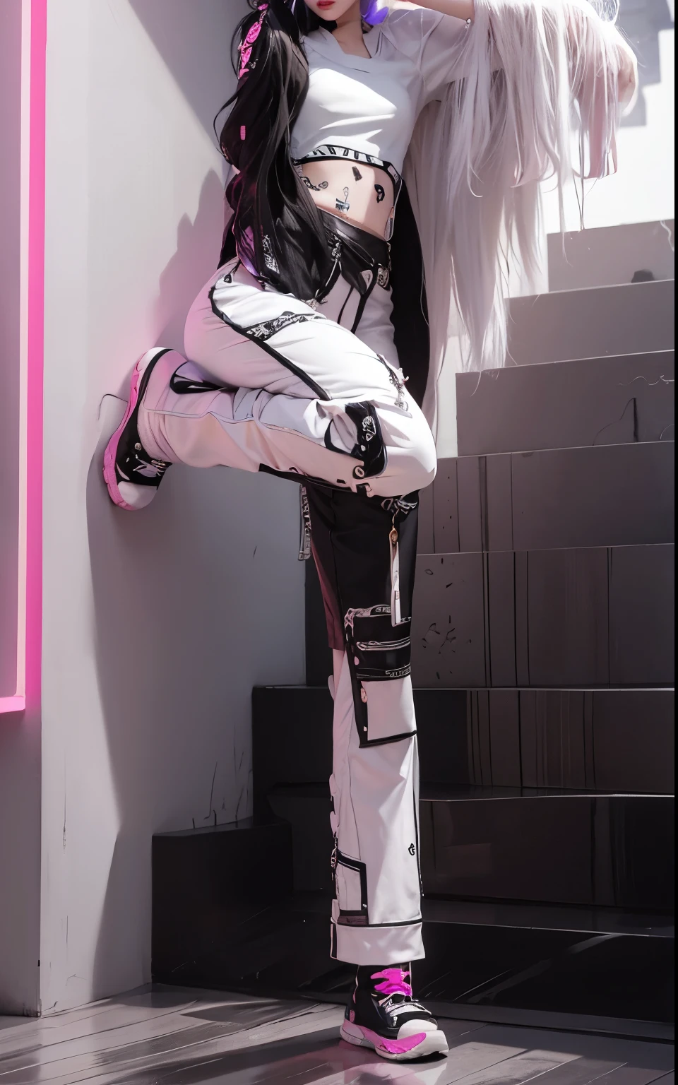 aVATAR SECOND LIFE Korean girl wearing black top, pink pants,,, White hair, White hair White hair, Asian, Perfect and detailed face, imvu, maximalist details, AVATAR SECOND LIFE Korean blusa , neon