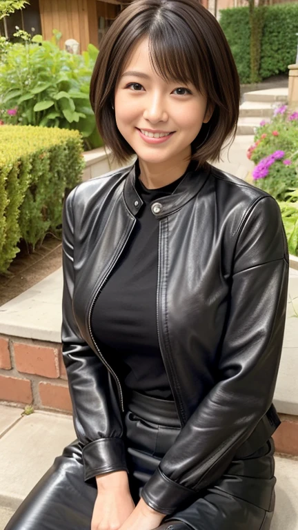 最high quality, 8k, Vibrant, Sharp focus, high quality, High resolution, Middle-aged women, Mature Woman, 55 years old, (Whole Body Ezbian), (High heels face detail, Highly detailed eyes, Plump figure、Plump face、((big 1.6))、(((Large Breasts)))、((Black leather clothing))、garden、Random Hairstyles、A kind smile、(Leather Fashion、leather jacket、Leather skirt、boots、)、