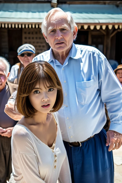 (Browsing Caution)、Highest quality、Ultra-high resolution、巨大なchest、Perfect Face、Beautiful expression、Beautiful Face、Beautiful Eyes、young woman、(Crazy behavior)、(((( Old man standing behind woman、Old man grabs woman'chest、Touch.、Female orgasm:1.2、1 female、 male)))、(put in) 、(Ejaculation into the body、Massive ejaculation)、Blushing、Touched by many hands、The man has a vulgar look、Dick、(See-through underwear:1.2)、Man hugging、