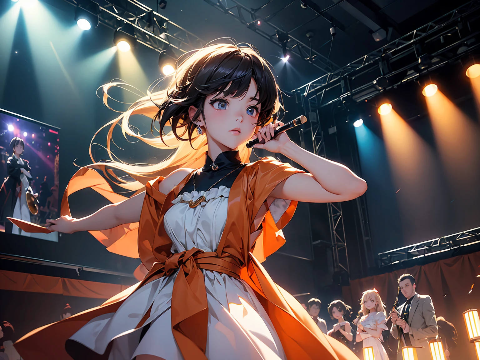 8k、masterpiece, Highest quality, Ultra-high resolution, Highest Resolution, Professional Lighting, Orange lighting、(((Anime-style depiction)))、Backlight、(((Dark Stage)))、(((Jazz performance stage)))、(((Spotlight)))、Antique lighting、indoor、Dim lighting、Fantastic space、Nobody is here