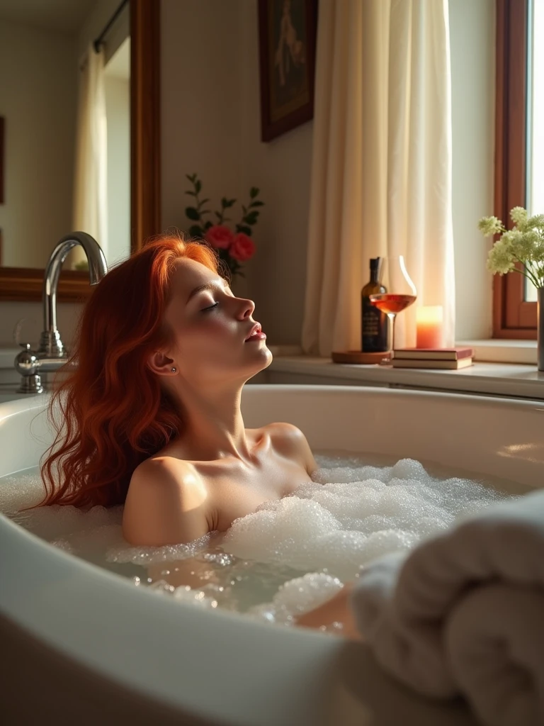 ((masterpiece, 8K, best quality, high resolution:1.3)), (a red-haired woman completely nude taking a relaxing bath inside a bathtub in her home:1.2), (her hair is long, wavy, and cascades down her shoulders:1.2), (her skin is smooth and glistening with water:1.2), (her eyes are closed, and her expression is serene and peaceful:1.2), (the bathtub is large and luxurious, with a modern design:1.2), (the water is filled with bubbles and scented with essential oils, creating a soothing atmosphere:1.2), (the bathroom is elegantly decorated with soft lighting, plush towels, and a few candles flickering on the counter:1.2), (the walls are adorned with tasteful artwork and a large mirror reflects the scene:1.2), (a small table next to the bathtub holds a glass of wine and a book:1.2), (the window is slightly open, allowing a gentle breeze to enter, with sheer curtains softly billowing:1.2), (Canon EOS 5DS R camera, perfect for capturing the detail and beauty of the scene:1.2), (paired with the Canon EF 85mm f/1.4L IS USM lens:1.2), (the scene is illuminated with soft, warm lighting, creating a cozy and inviting atmosphere:1.2), (the composition showcases the tranquility and elegance of the moment:1.2), (a moment frozen in time, capturing the essence of relaxation and self-care:1.3), (ultra photorealistic, highlighting the intricate details of the woman and the luxurious bathroom setting:1.3), (an image that transports viewers to a captivating and serene moment:1.2), (a scene that exemplifies the beauty of personal indulgence and tranquility:1.2), (((nsfw)))