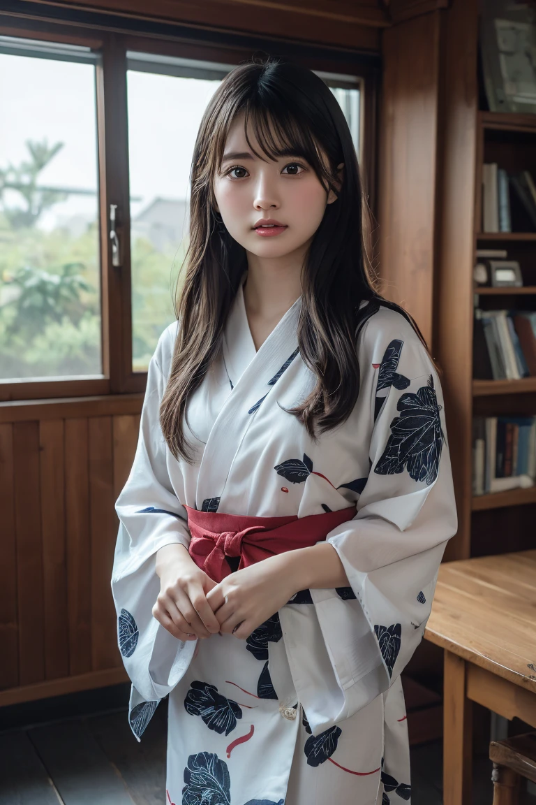 (Highest quality:1.4),(masterpiece:1.4),(Realistic:1.4),(Realistic:1.2),(超High resolution, RAW Photos:1.4),(High resolution, Ultra-detailed:1.2),(8k:1.2),View your viewers,Cinematic photography,One person,skeletally correct,Black-haired woman,Woman in her early 20s,(Gorgeous yukata,Goldfish pattern,Traditional attire),(Western-style building interior,Dimly lit room,The lamplight shines on my cheeks)