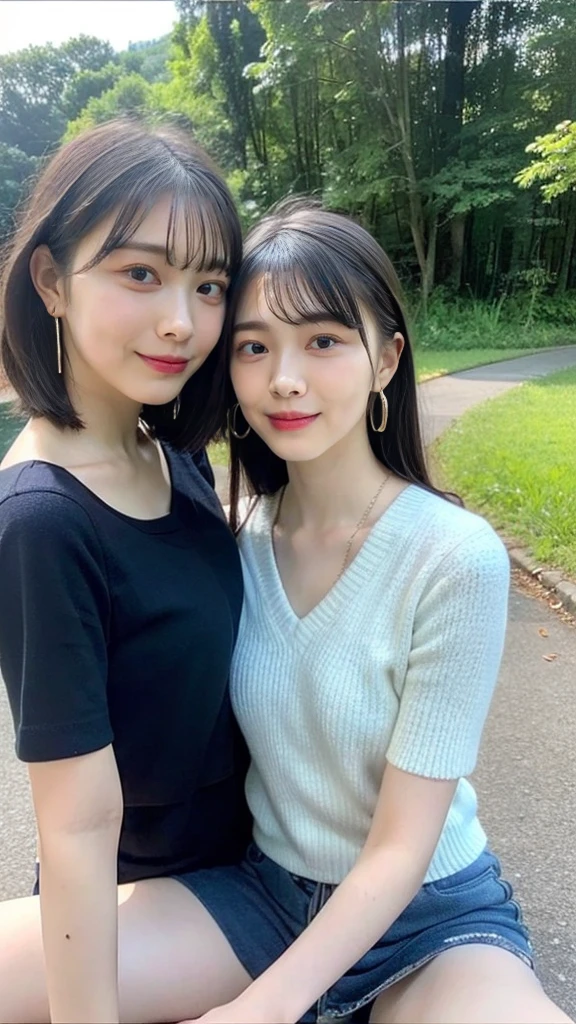 ((High-definition images, masterpiece, atmospheric perspective, 8k, Super detailed, Accurate, highest quality)), (((Cute high school girls masturbating))), (casual style), 2 girls, Jacket, unbuttoned shirt, swollen areole, (round face, realistic size of eyes, droopy eyes, blush, smile), (((stand and spread your legs, focus on pubic hair))), (in the forest, Mountain, rock, Narrow River, At night), blonde braided hair, small earrings, thin necklace, (light makeup),
similar identical twins
All the girls have the exact same face, The two have the same face and figure, as if they were mirror images