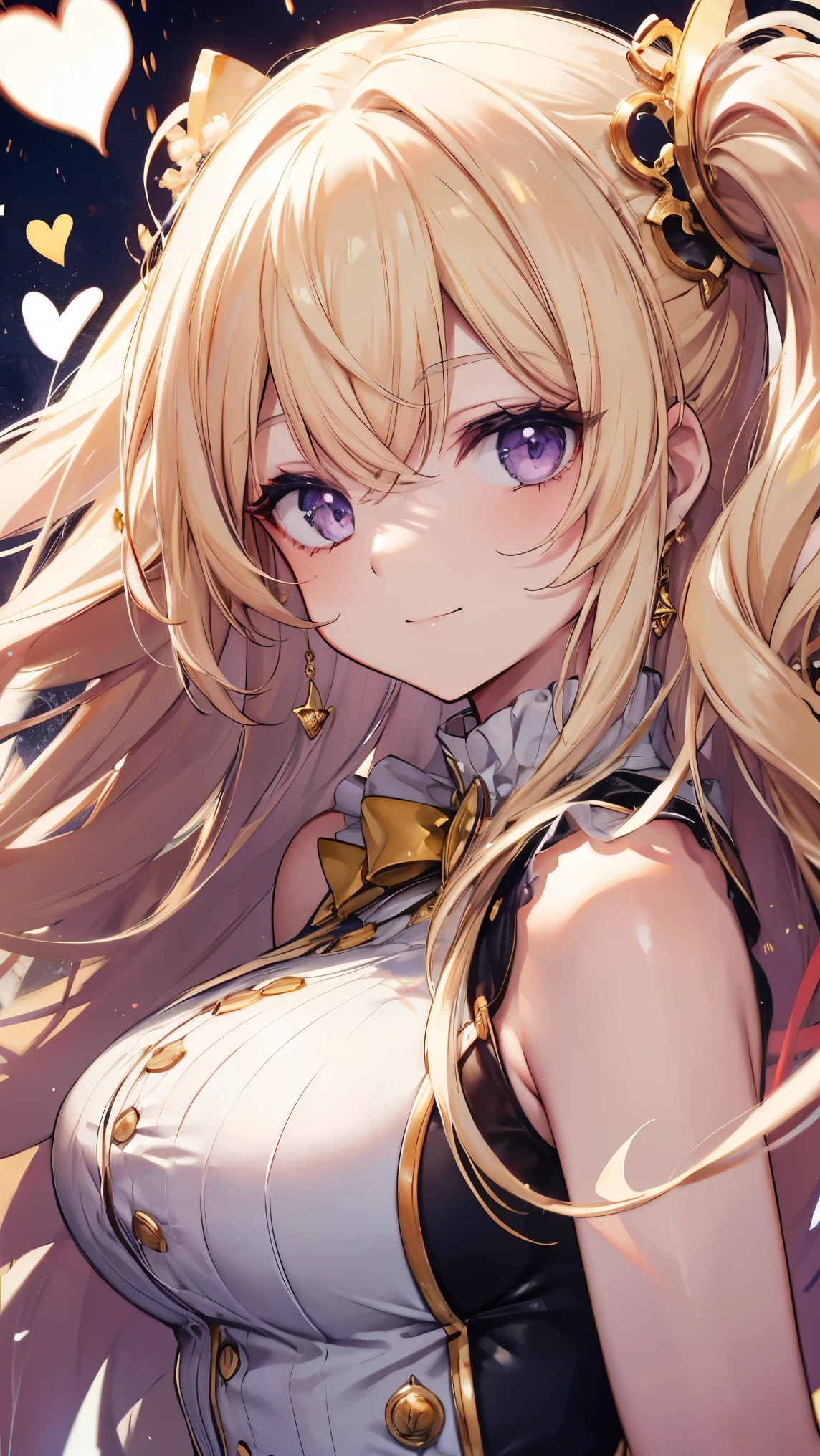 ,Highest quality,Golden Hair,White skin,Purple Eyes,Heart Eyes,Heart paint on the face,Long Hair,Half Up,Beautiful breasts,Shining Eyes,Circus,smile,Clown,clown,Toned body,slender,