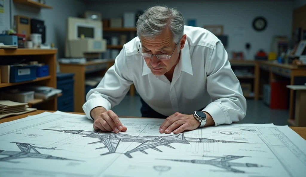 best qualityer, work of art, super high resolution, (真实感: 1.4), an engineer in front of a table, on that table is a sheet of the American F16 fighter jet project in 1974, Make it as realistic as possible