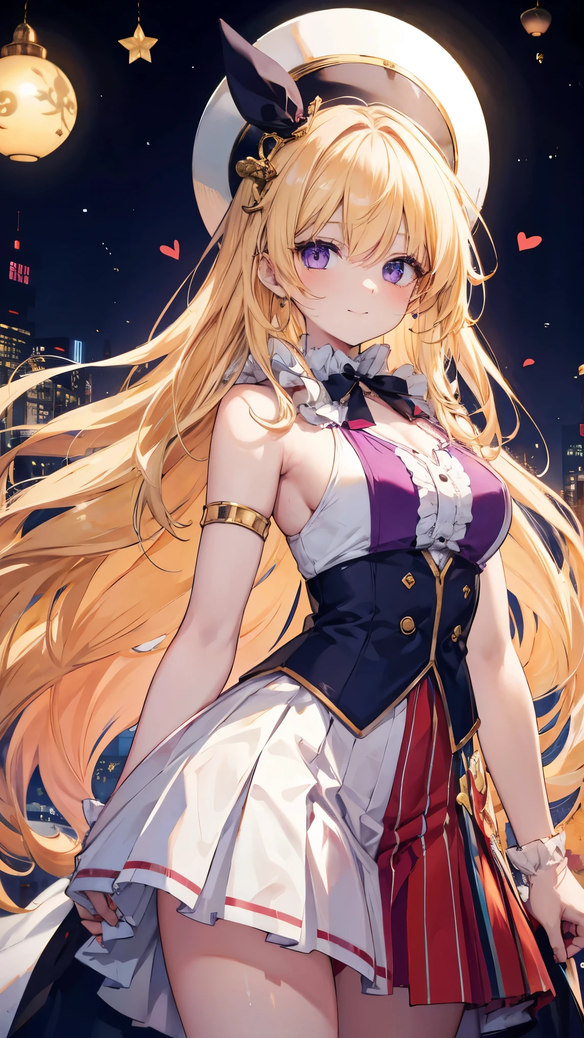 ,Highest quality,Golden Hair,White skin,Purple Eyes,Heart Eyes,Heart paint on the face,Long Hair,Half Up,Beautiful breasts,Shining Eyes,Circus,smile,Clown,clown,Toned body,slender,