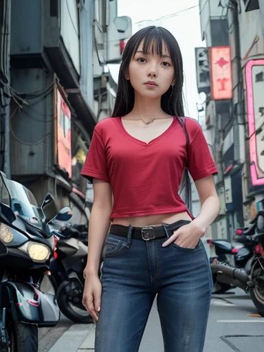 Japanese female, (underweight), (flat chest best quality:1.5), 30 years old,
city, (motorcycles), standing, hands on hips, legs spread, semi long, (red t-shirt), (jeans), in the city, (cyberpunk:1.4), full body shot, from below, ambient lighting