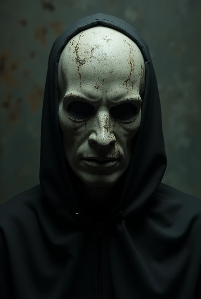 Human face looking  mask with nor emotion, for a horror and detective book, in dark colors
