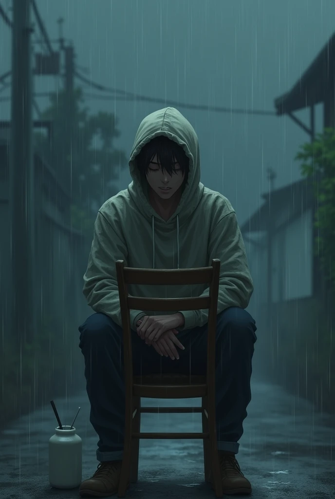 A man sitting on a wooden chair wearing a hoodie, a sad anime scene of rain.