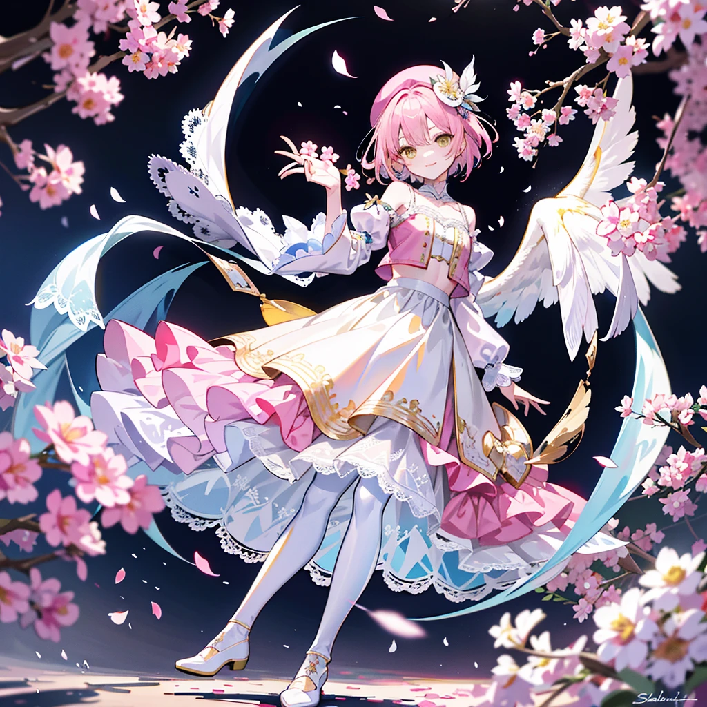 1girll，solo，solo person，（Delicate eyes and beautiful face），（Delicate hair），（Full body standing painting）（pink short hair），（Yellow eyes），（ssmile），（beret），（flatchest），Lace punk jacket，Fluttering petals，Leg straps，ssmile，[White background 1：：5]，Cropped hot pants，Children in general，cheerfulness，Raise a hand，（Highly detailed），（Clear face），（Delicate and beautiful eye portrayal）