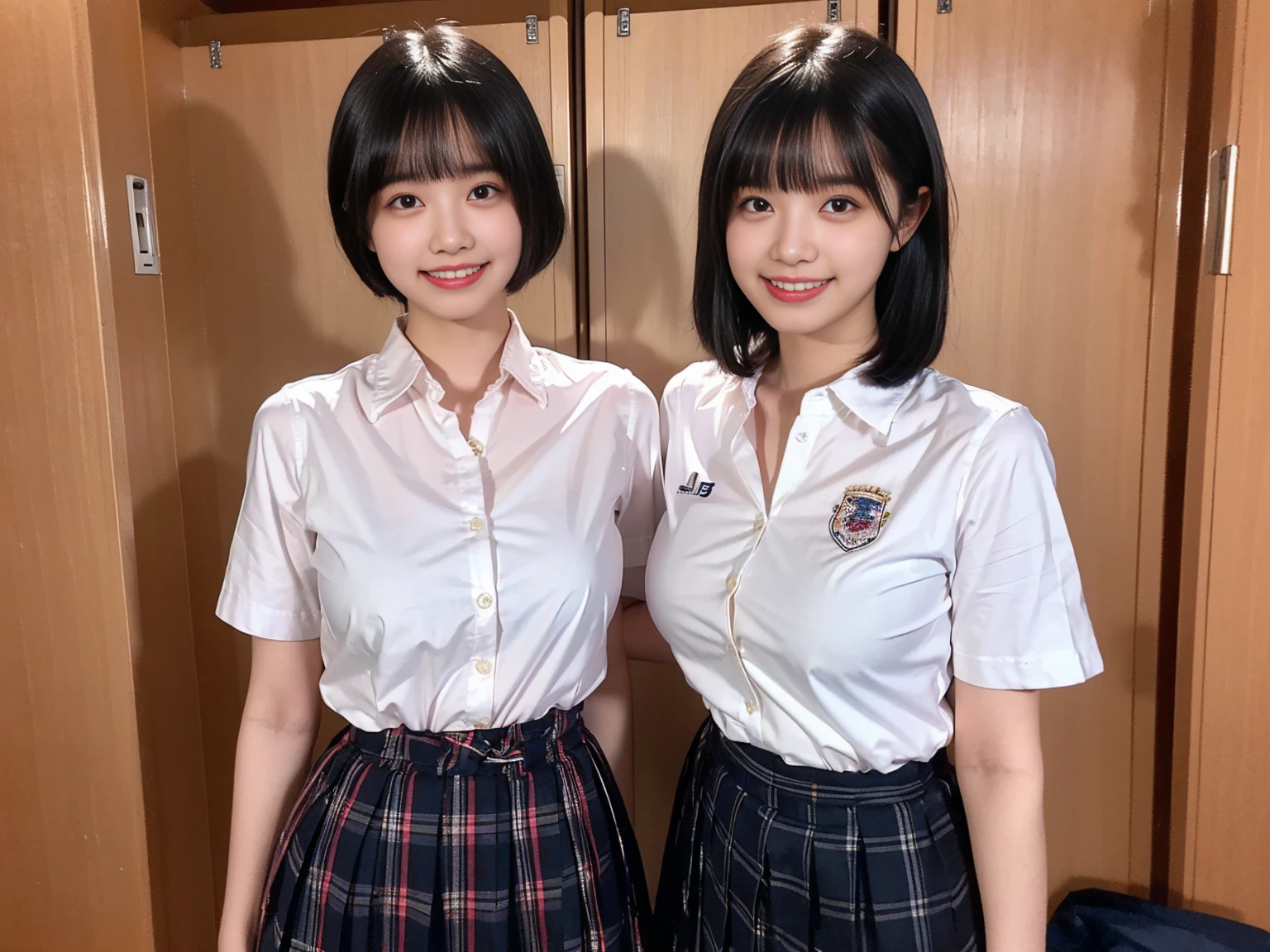 (masterpiece, realistic, photo-realistic:1.2), finely detail, ultra high res, perfect anatomy, best quality, 8K, soft focus, (grin, happy smile:1.3), (2girls, 16yo Japanese short girls, dress shirts, pleated plaid skirt:1.2), portrait, (upper body shot:1.2), focus on breasts, (black straight hair, short hair, blunt bangs:1.2), beautiful detailed face and big eyes, (glowing fair skin, shiny oiled body:1.2), (pointed huge breasts, gigantic breasts:1.2), (bloom, awesome detailed school locker room:1.2), standing, (opening shirts, show off bra, front opening shirts, shirts which fastens in front:1.2), 2girls side by side,