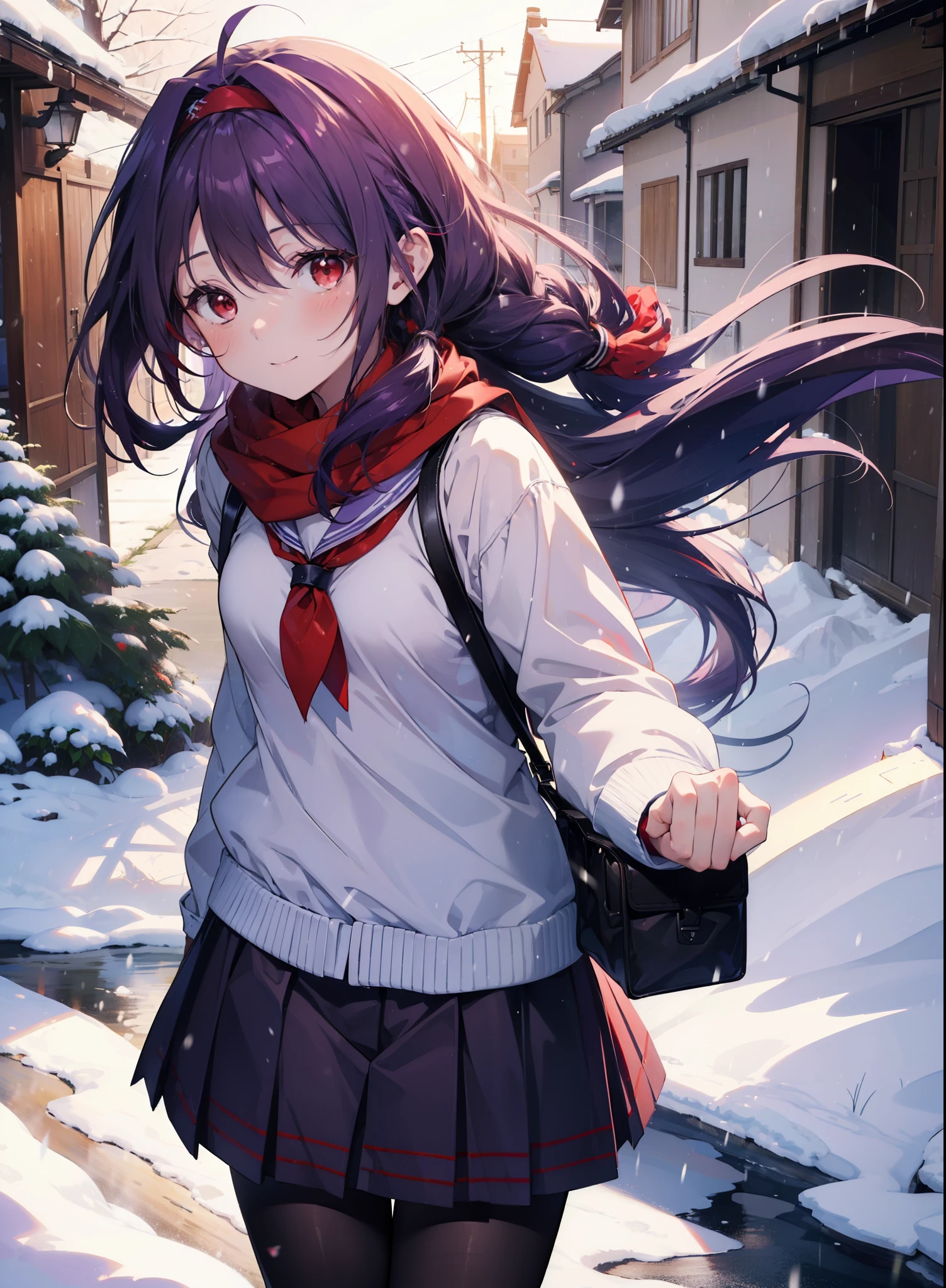 yuukikonno, Yuuki Konno, hair band, Long braids, Pointed Ears, Purple Hair, (Red eyes:1.5), (Small breasts:1.2),smile,blush,Red scarf,Purple sailor uniform,Purple pleated skirt,Black pantyhose,Brown loafers,snowが積もっている,snowが降っている,snow,snow,snow,snow, Walking,whole bodyがイラストに入るように,
break looking at viewer, whole body,
break outdoors, School,courtyard,
break (masterpiece:1.2), Highest quality, High resolution, unity 8k wallpaper, (figure:0.8), (Beautiful attention to detail:1.6), Highly detailed face, Perfect lighting, Highly detailed CG, (Perfect hands, Perfect Anatomy),