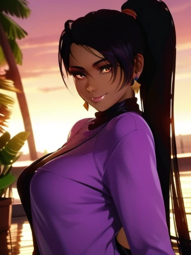 Long Hair,Purple Hair,ponytail, (Hair on one eye:0.8), (Dark Skinned female:1.2), (Dark Skin:1.1),Big Breasts,sweater,Shiny skin,Erotic Smile,Purple Lip