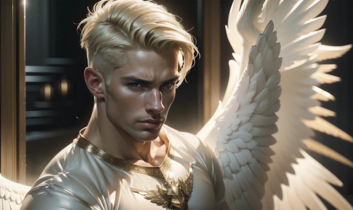 [((highly detailed, detailed eyes, detailed face, clear and realistic facial features, photorealistic, realistic light, cinematic)), (1 man), (((((Gorgeous perfect sexy powerful masculine male angel))))), (((two large white wings coming from his back))), ((faint halo)), ((((short blond hair, pale eyes)))), ((35 years old)), ((wearing flattering gauzy angelic clothes)), (((aura of divine power))), standing in a cozy apartment at nighttime, ((light blush)), ((imposing powerful pose)), (((wearing a troubled expression)))]