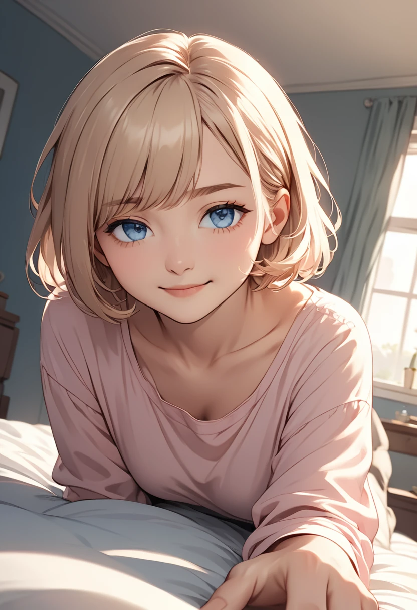 detailed illustration, Bottom-up angle, bust，Extremely detailed, illustration, 1 person, blue eyes, Delicate eyes, Short Blonde,25 years old man, Light pink shirt, Sit on the bedroom bed, Gentle smile