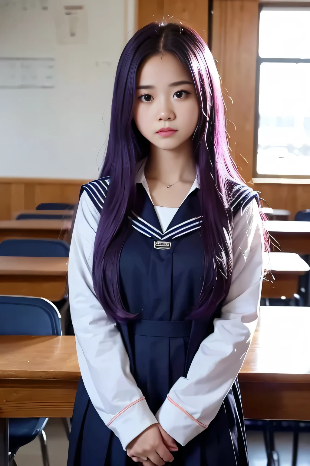 An eighteen-year-old young woman with long purple hair in a sailor suit sits in a classroom (school 1.5 in the background) (expression serious, cold 1.5) (best quality: 1.1) (masterpiece: 1.3) with an unparalleled masterpiece, surreal 8K, perfect artwork, super detail, best quality, masterpiece 4K wallpaper aesthetics, masterpiece, award-winning artwork, official art, cinematic lighting