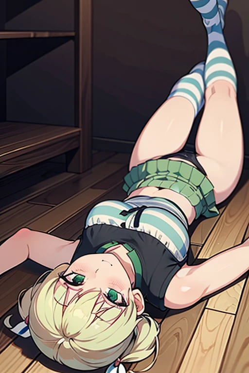 detailed digital art, slim girl, hair is in two pigtails, middle sized breast, mini skirt, visible panty ((green White striped)), high knee socks, laying on her back, legs wide spread