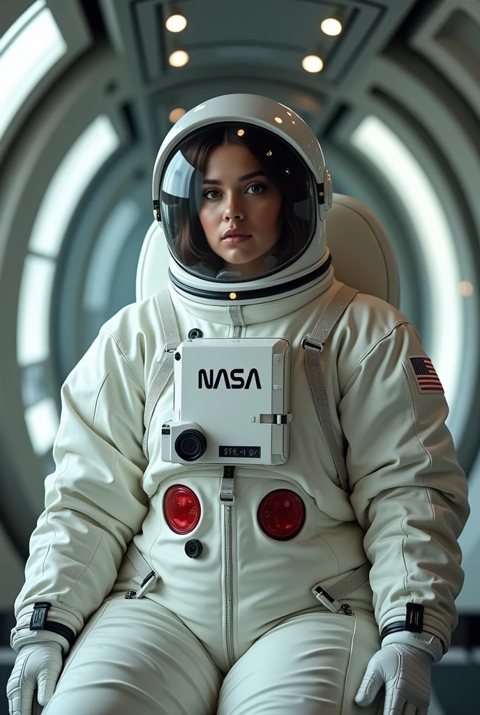 Beautiful woman, resembling an Instagram model, 24 years old, with dark brown eyes, oval face shape, wearing a NASA apace suit , , she has a plus-size body, Large body size, with a height of 1.70 m, weight of 75, a bust size of M, a well-shaped bottom with the size of 38, and very realistic skin texture, short hair, relaxed and graceful, full body view, in another planet, advanced technology, with refined and sophisticated interior details visible in the background, the photo is in high resolution, masterpiece quality, with complex details, sharpness, and detailed skin and eye textures. Captured in 4k resolution with a Canon camera, featuring a serene expression, depth of field, Kodak Vision color, ultra-realistic photography, and post-processing to ensure maximum detail, true to life