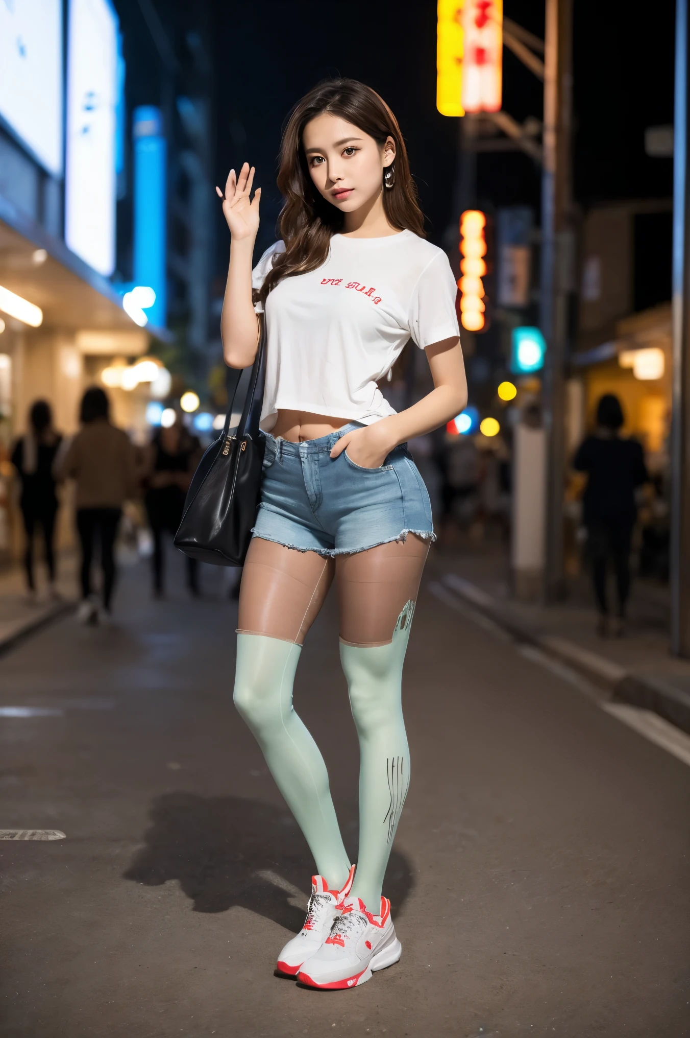 ulzzang-6500-v1.1, (RAW Photos:1.2), (Realistic), (Genuine:1.4), (masterpiece), masterpiece, Absurd, Finer details, Sharp focus、High resolution, Highly detailed face and eyes, Realistic, Long wavy brown hair, Shorts with both arms raised, A messy white t-shirt, Denim shorts、、(Ultra-realistic pantyhose:1.3), And colorful fluorescent sneakers, Casting a Spell, Random natural poses、Modern Tokyo, Highest quality, masterpiece, 1 person, (Full Body Shot), very gentle and beautiful, 8k wallpaper, Beautiful sea green eyes, Beautiful sparkle, Cinema Lighting