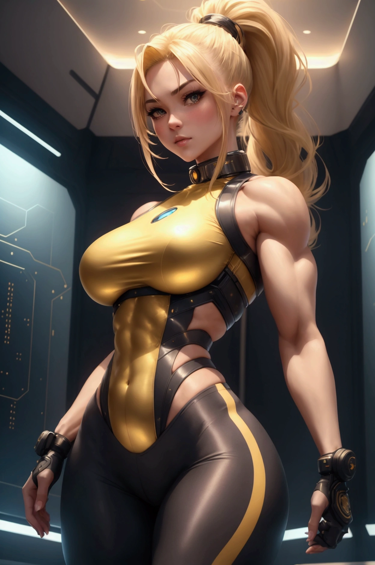 (Hiperreal) anime girl with blonde (ponytail hairstyle), hair sticking out on the sides, looking at the viewer, full-length pose, sexy, Perfect body with golden ratio, wearing (tight shirt:1.2), beautiful detailed face, (attractive fitness woman:1.3), (seductive:1.1), (blushing:1.1), hourglass body shape, big round breasts, (sci-fi space station room), cyberpunk, cute, soft atmospheric lighting, (dimmed), futuristic details in background, high-quality illustration, ultra-detailed, stylish and elegant demeanor, high detail,