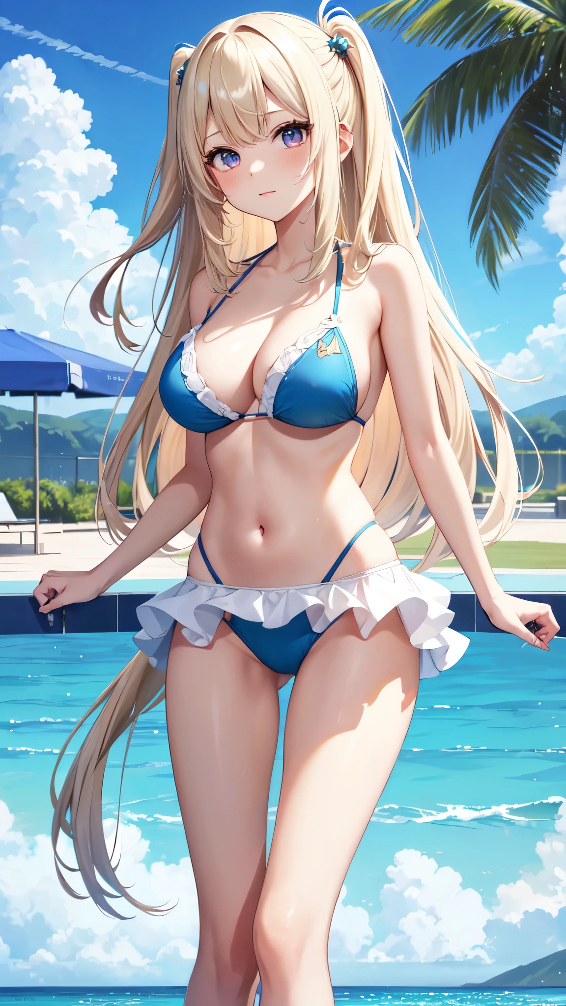 ((Best Quality)), (ultra-detailliert), ((Extremely detailed)), (Beautiful), ((Kawaii Girl)), ((UHD)), (masterpiece), (high quality), (best quality), (4K), (high quality), 1, solo girl, 1girl, ((platinum blond hair)), parted bangs, ((hair intakes)), long hair, (hair two side up long), ((jade colored eyes)), slanted eyes, large breasts, slender body, layered bikini, Pool Background, (blue sky:1.3), solar, sunlight, anime style, full body,
