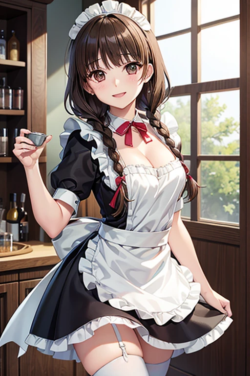 Yuno Shimazu、Shiny brown hair,Long Hair,  、((2 braids:1.5、Hair that falls over the shoulders)),Beautiful brown eyes、Sparkling eyes, Fine grain、smile、Ultra-detailed eyes、Very detailed顔, Very detailed目,Cowboy Shot、


high resolution、High resolution、Accurate anatomy、
alone,  Cowboy Shot, Very detailed, Highest quality, masterpiece, figure, Game CG, (maid), Short puff sleeves, small maid apron, Thigh-high socks, clavicle, Cleavage