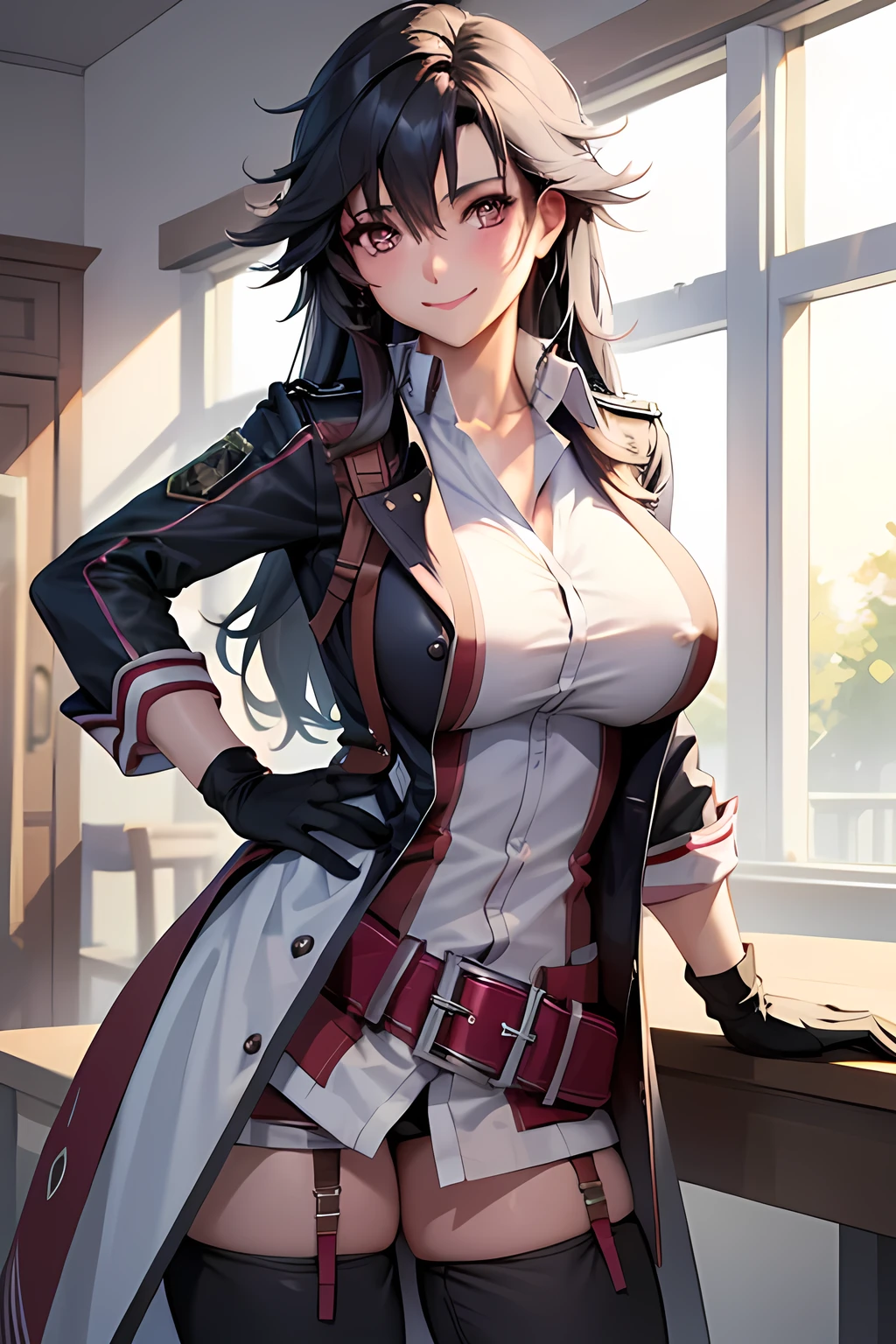 masterpiece, mischievous smile, light blush, looking at viewer, huge breasts, sexy pose, female rean schwarzer, long hair, white coat, black shirt, black gloves, thigh strap, red belt, black pants, nipples, detailed white classroom in the background