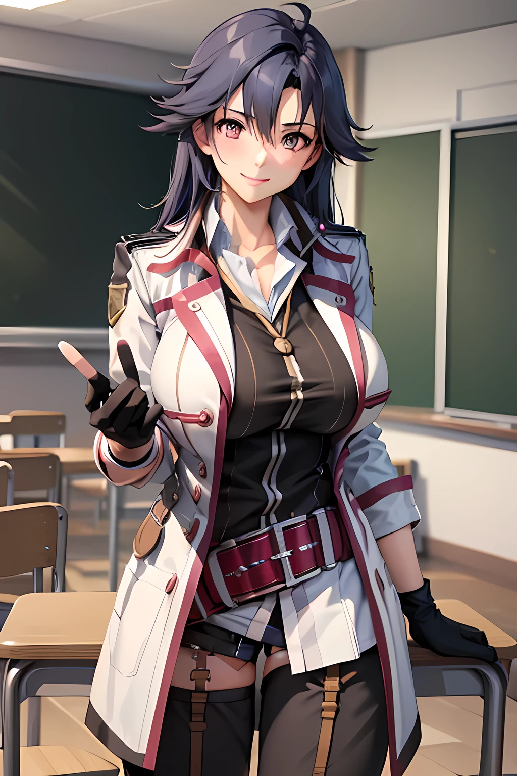 masterpiece, mischievous smile, light blush, looking at viewer, huge breasts, sexy pose, female rean schwarzer, long hair, white coat, black shirt, black gloves, thigh strap, red belt, black pants, nipples, detailed white classroom in the background