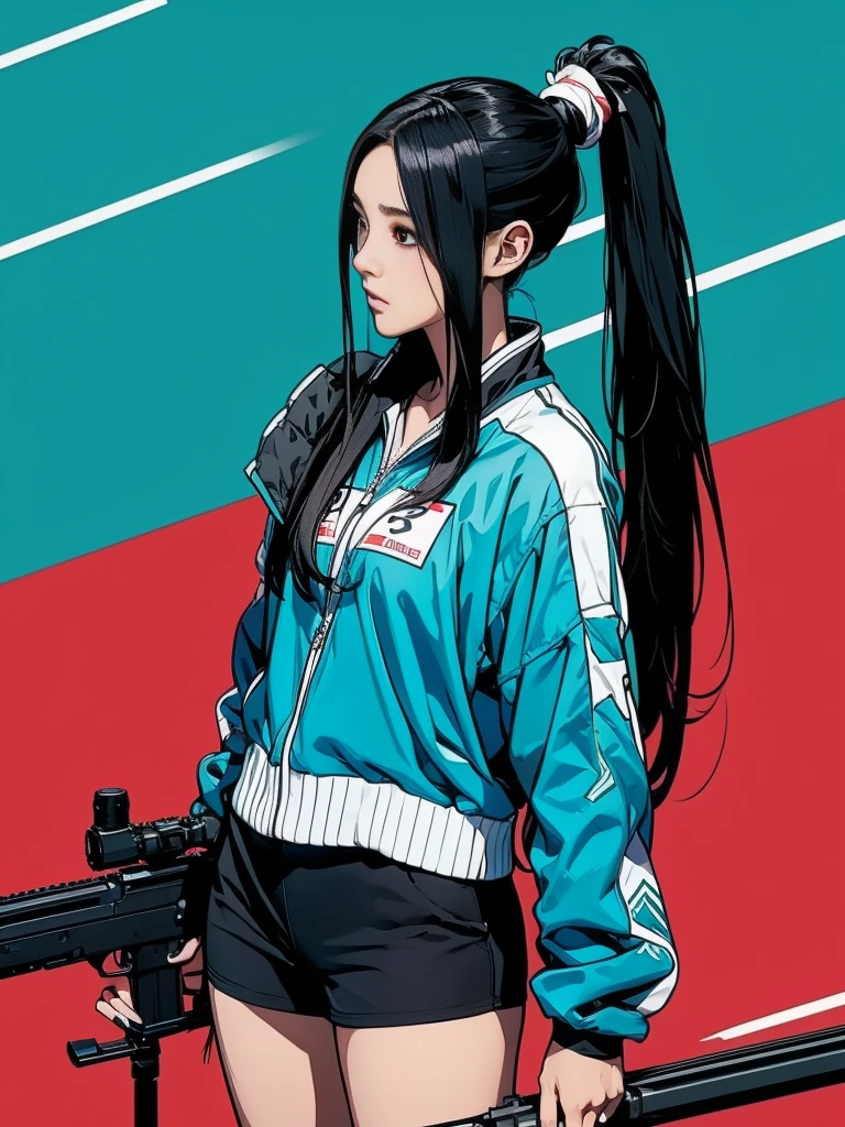 In vivid, cinematic illustrations、A beautiful anime-style woman with long black hair tied in a ponytail、Standing confidently at the shooting range of the Olympic shooting competition。She&#39;s wearing a sleeveless uniform、Sports shorts、Ear Defenders、Fingerless gloves are worn。Her slender figure、Emphasised by an outstretched arm holding an airsoft pistol with a muzzle flash、Lighting up her determined face。 Her thick eyebrows and delicate features are clearly defined.、The detailed eyes and realistic eyes that seem to pierce the viewer are impressive.。The winds of the Olympic venue whisper gently in the background.、She aims at her target and her audience at the same time.。Fireflies dance around her、Add a whimsical touch to your scene。 This illustration boasts extremely detailed, high resolution quality.、Sharp focus and depth of field、The sax blue hue and subtle bloom create a dreamlike glow, drawing the viewer in with dynamic lighting.。In this perfect light、From her highly detailed skin to the many little gems scattered around her、Every detail is meticulously rendered