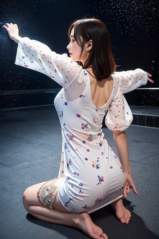 masterpiece, best quality, 1girl, solo, guizhong_genshin, default_dress, from behind, starry sky print, sleeves over wrists, barefoot
