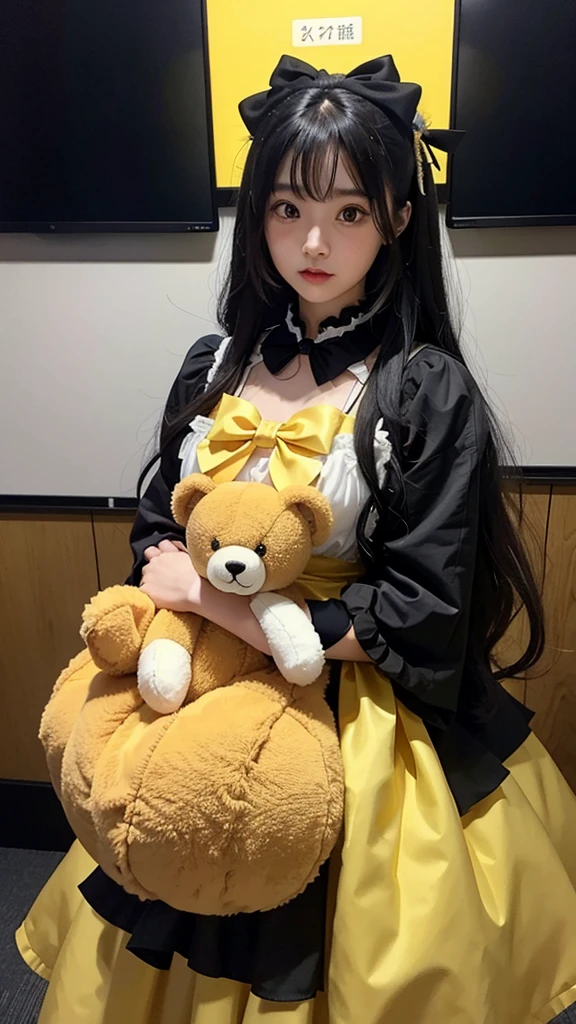 The metropolis of the future.a cute and charming,Bright eyes,a Japanese girl with long yellow wavy hair,wearing a Gothic Lolita dress,with a big yellow bow on her chest,holding a teddy bear in her arms,In the tech conference room