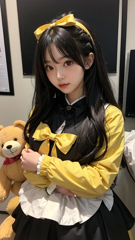 The metropolis of the future.a cute and charming,Bright eyes,a Japanese girl with long yellow wavy hair,wearing a Gothic ta dress,with a big yellow bow on her chest,holding a teddy bear in her arms,In the tech conference room