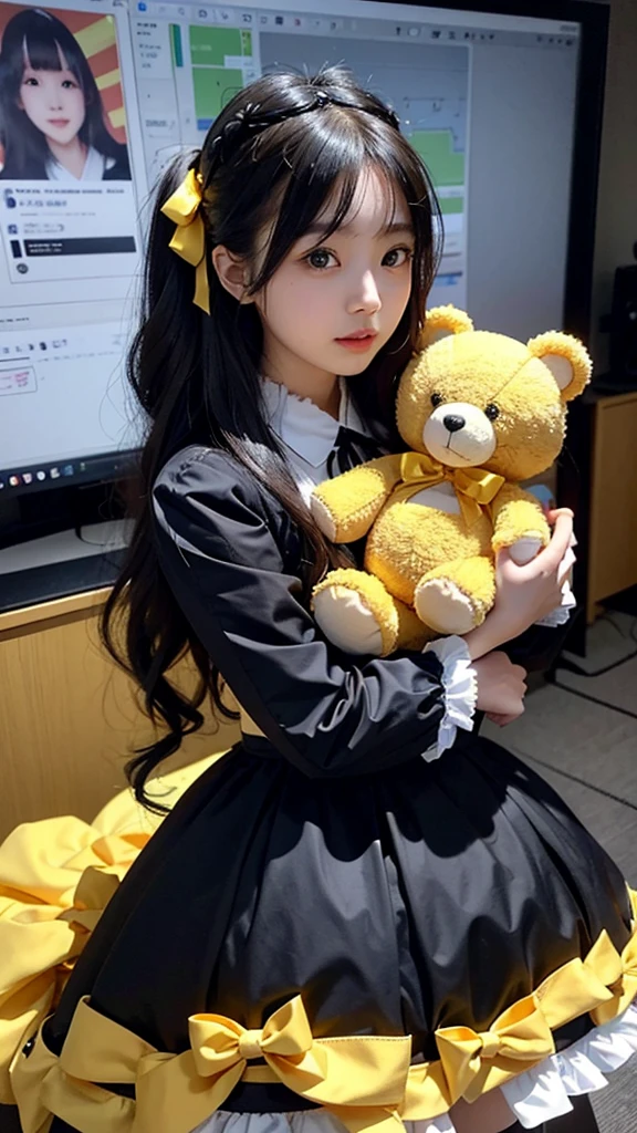 The metropolis of the future.a cute and charming,Bright eyes,a Japanese girl with long yellow wavy hair,wearing a Gothic Lolita dress,with a big yellow bow on her chest,holding a teddy bear in her arms,In the tech conference room
