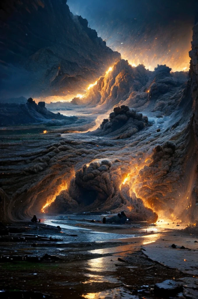 Shaking,The background color is primarily dark.,Landslides and ground fissures,The sky is falling,A mess