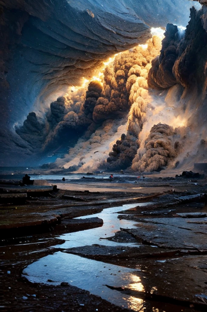 Shaking,The background color is primarily dark.,Landslides and ground fissures,The sky is falling,A mess