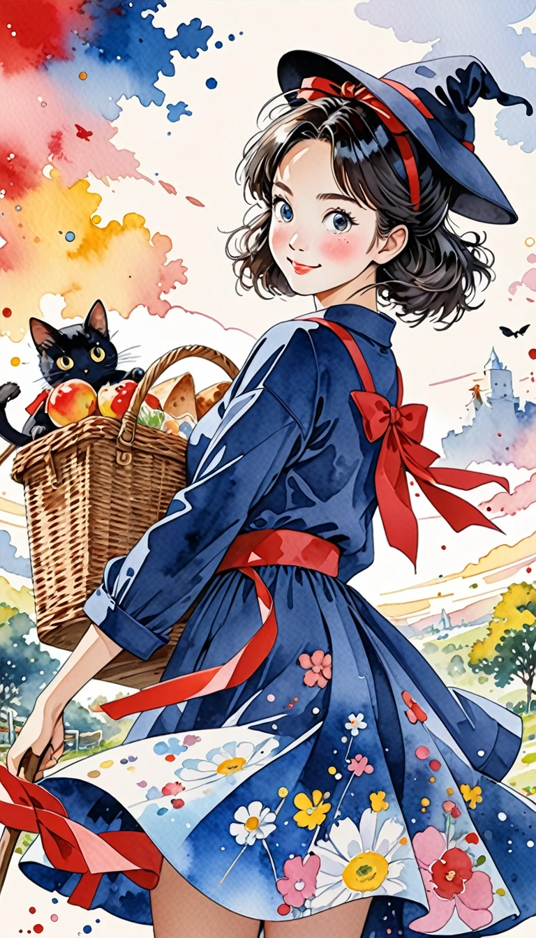 Takashi Murakami Style、(((conservative fashion))), 8K Quality、Intense watercolor, Detailed watercolor art, Watercolor splash, Surreal, avant-garde pop art, Beautiful and expressive paintings, Beautiful artwork illustration, Very colorful tones, wonderful, Cool beauty, highest quality、Official Art, Vector art, Stylish design, (((Kiki's Delivery Service1.9))),(((The most beautiful smiling girl with very large red ribbon on her head1.4))),navy dress,(((a witch on a broom))), (((picnic))),(((highest quality))), HDR, ((detailed)), (((Doodle Art)), ((masterpiece)), ((Super detailed)), (((Stylish))), small black cat,