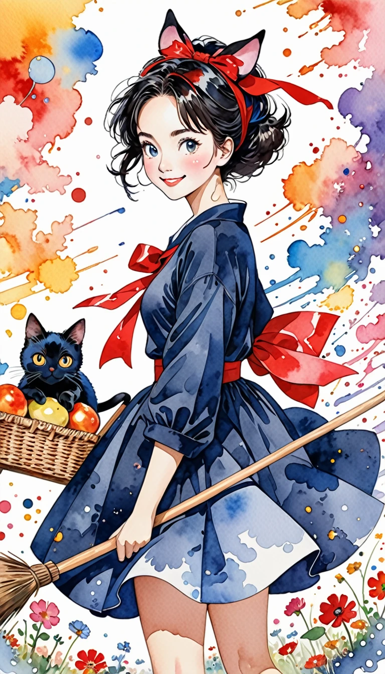 Takashi Murakami Style、(((conservative fashion))), 8K Quality、Intense watercolor, Detailed watercolor art, Watercolor splash, Surreal, avant-garde pop art, Beautiful and expressive paintings, Beautiful artwork illustration, Very colorful tones, wonderful, Cool beauty, highest quality、Official Art, Vector art, Stylish design, (((Kiki's Delivery Service1.9))),(((The most beautiful smiling girl with very large red ribbon on her head1.4))),navy dress,(((a witch on a broom))), (((picnic))),(((highest quality))), HDR, ((detailed)), (((Doodle Art)), ((masterpiece)), ((Super detailed)), (((Stylish))), small black cat,