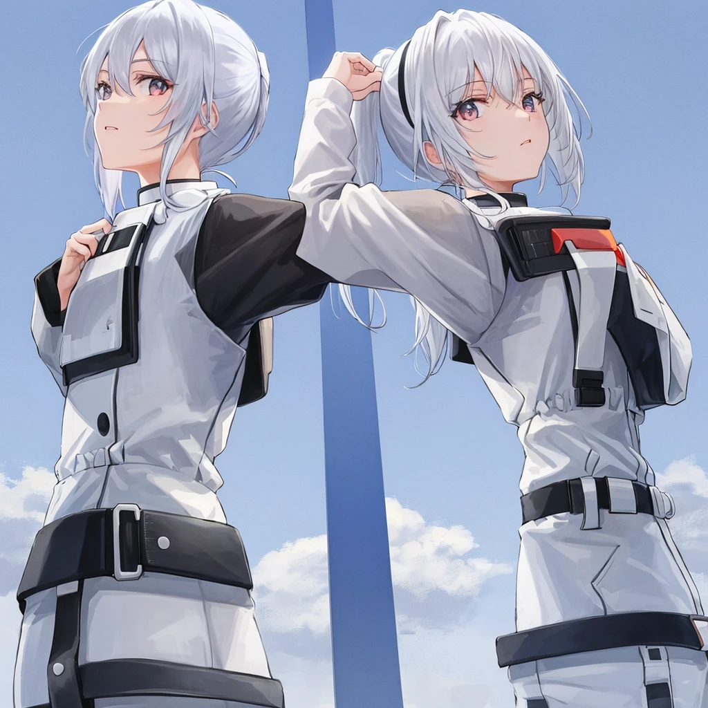Double left and right single ponytail white-haired back-to-back looking up at the sky upper body