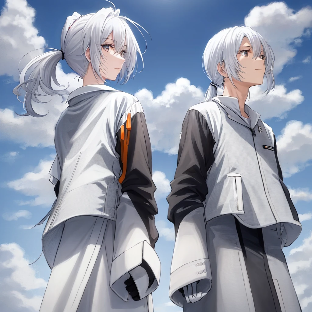 Double left and right single ponytail white-haired back-to-back looking up at the sky upper body