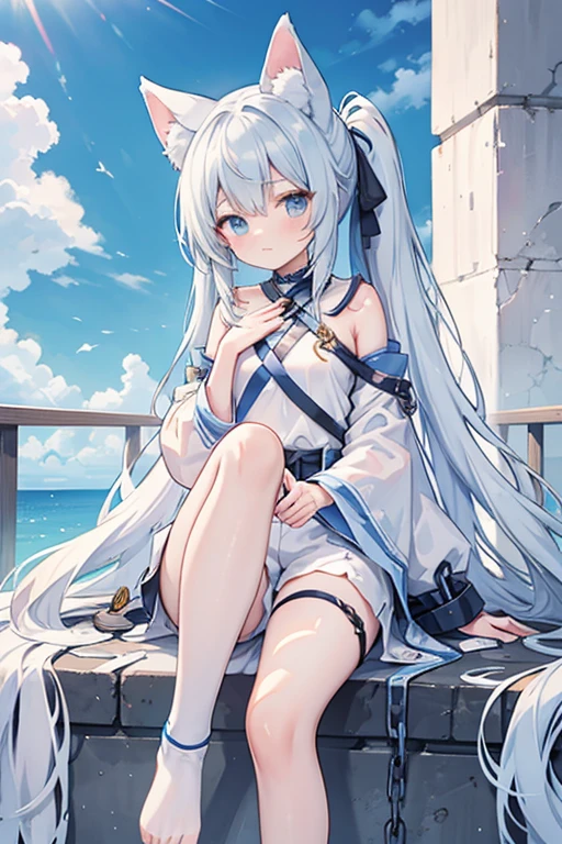 One person, solo, Long Hair, chest, ponytail, Fox Ears,Gray Hair,Light blue hair tips,tall,He is holding a large, sky-blue naginata that is as beautiful as a national treasure.,Shorts,Quarter Tights,Wearing a white suit、(((Caught in a trap))),(((Tied up hands and feet))),(((Chained)))