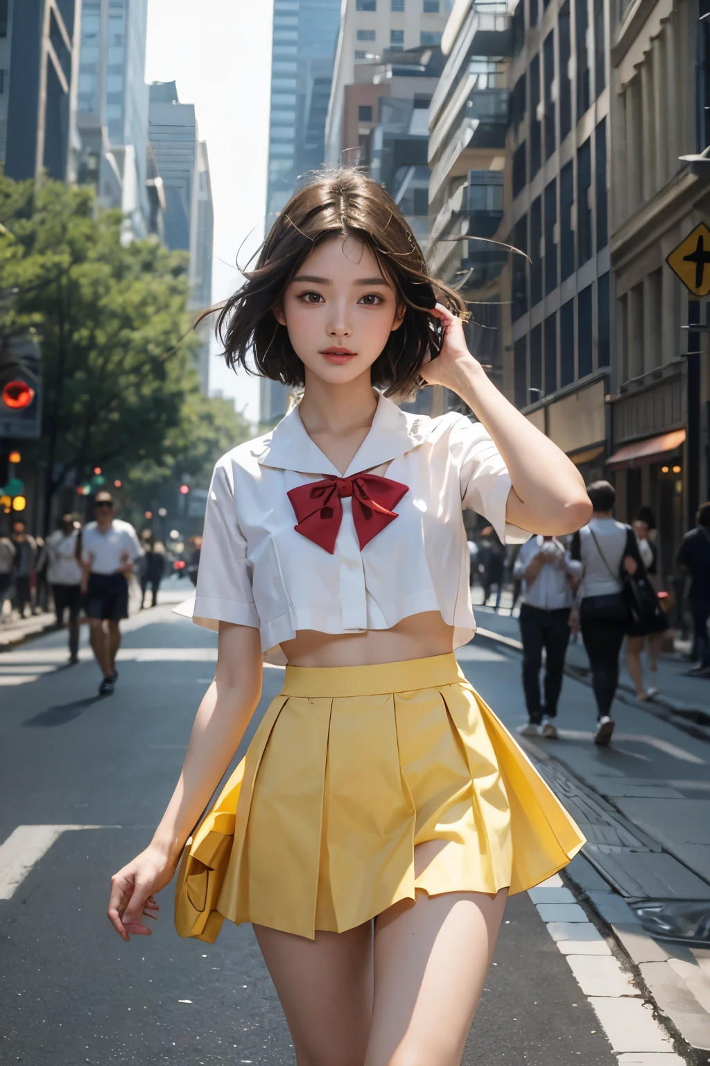 Ultra-high resolution,(reality: 1.4),Highest quality, masterpiece, Attention to detail, 16K quality, beautiful, 1 beautiful girl,super beautiful face,Baby Face,idol face,Cute Face,Highly detailed face,Detailed hands,beautiful skin,Rui々Fresh skin,Professional Lighting,short hair, Black Hair,brown beautiful eyes,(Sailor suit),Red bow tie,(Yellow super mini skirt),Are standing,A gust of wind flipped my skirt up and I had to hold it down with my hands,(((Showing panties))),((White panties)),beautiful胸,Walking in the city,Browsing Caution,From below,Blur the background
